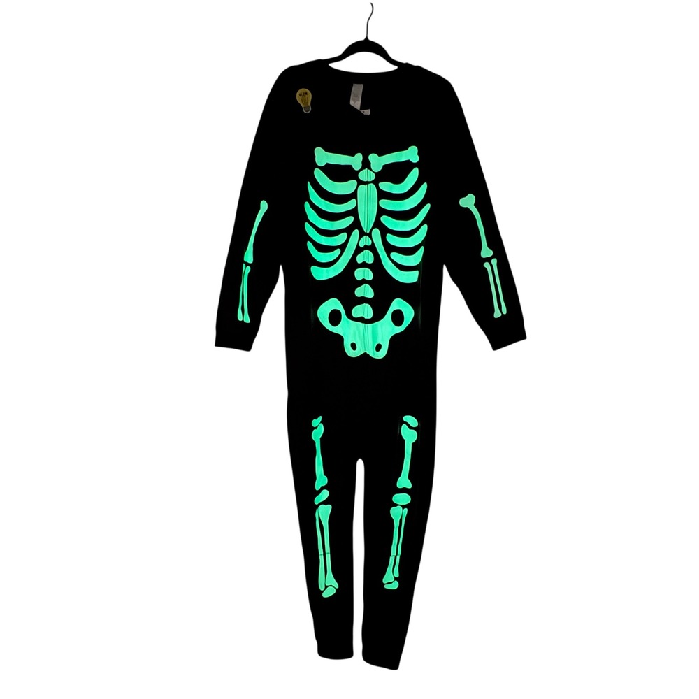 ADULT XL Skeleton Glow In The Dark Zip Jumpsuit Black Halloween Costume Gothic